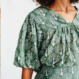 MIRTH Belem Handmade Cotton Peacock Popover Blouse Puff Sleeve Green